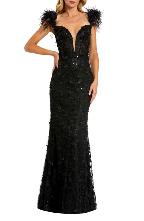 Mac Duggal Feather Strap Floral Appliqué Trumpet Gown at Nordstrom,
