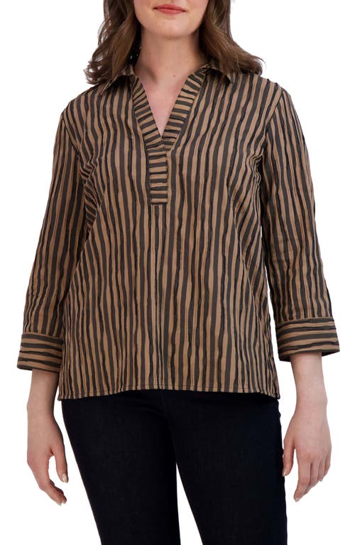 Shop Foxcroft Sophie Crinkle Stripe Cotton Blend Popover Shirt In Almond/black