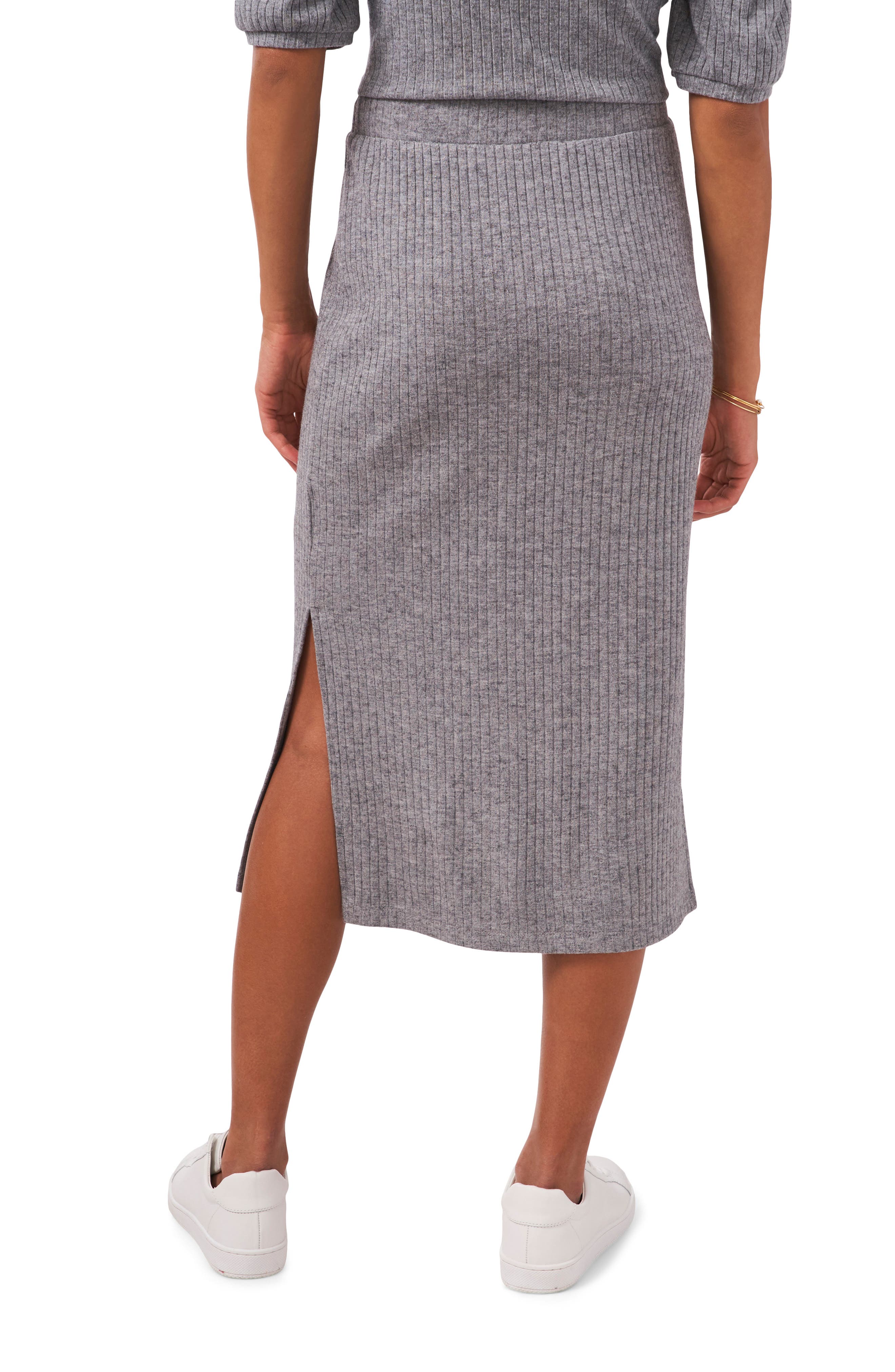 gray midi pencil skirt suit