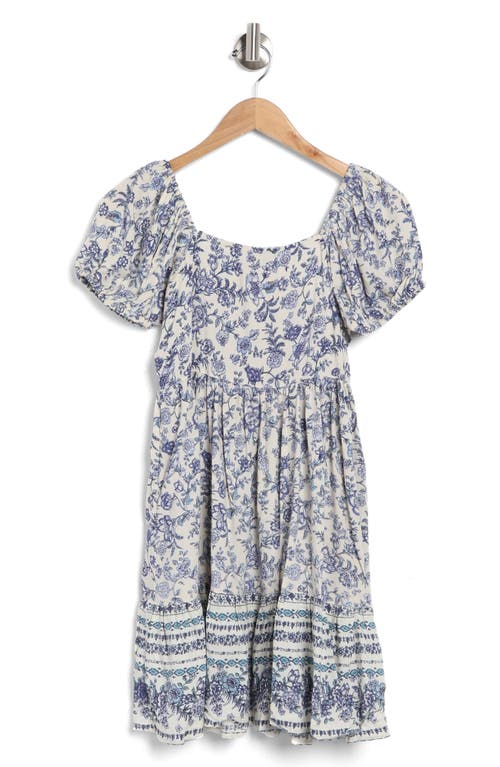 Shop Angie Floral Print Square Neck Puff Sleeve Dress In Blue/ivory