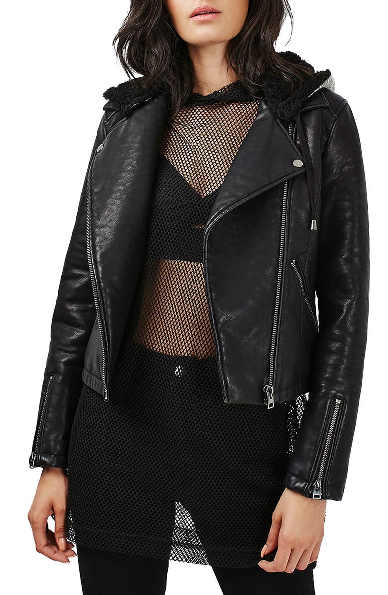 Maggie Faux Leather Moto Jacket With Fur Lined Hood