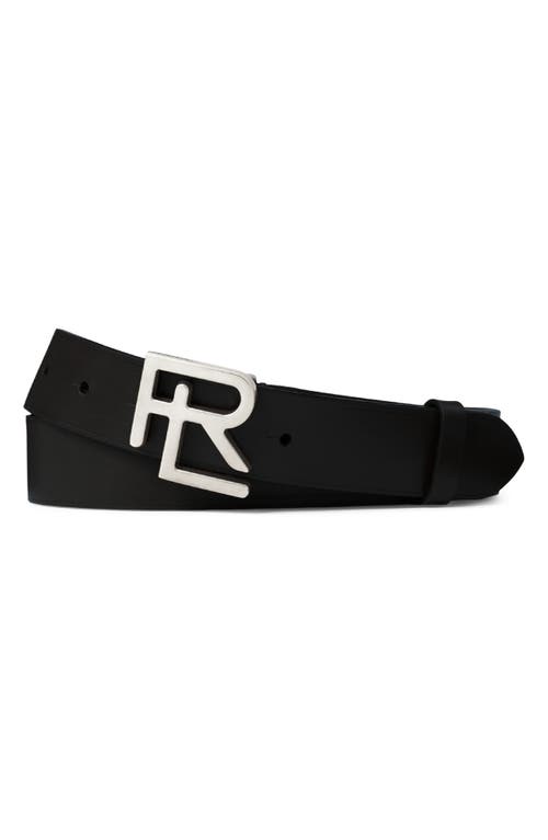 RL Logo Buckle Leather Belt in Black/Silver