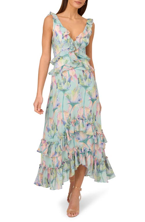 Adrianna Papell Floral Ruffle Detail Handkerchief Hem Midi Dress In Green