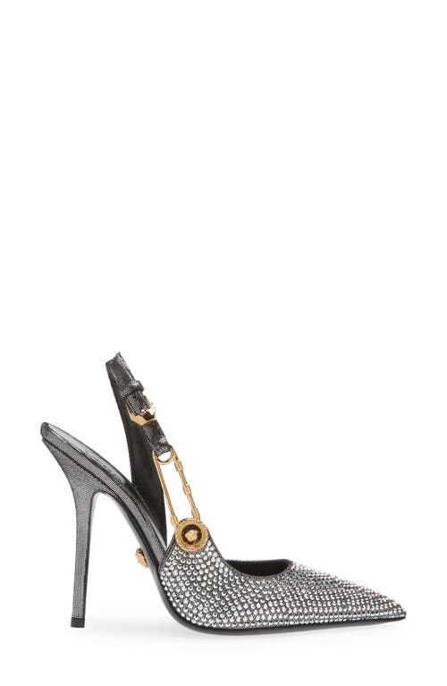 Shop Versace Safety Pin Crystal Slingback Pump In Silver/gold