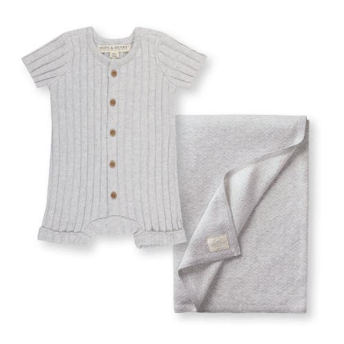 Hope & Henry Baby Shortie Romper & Jacquard Blanket Gift Set In Light Gray Heather