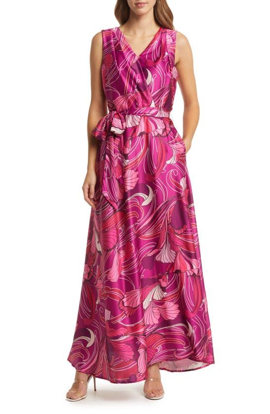 Tahari Surplice Satin Maxi Dress In Berry Bliss | ModeSens