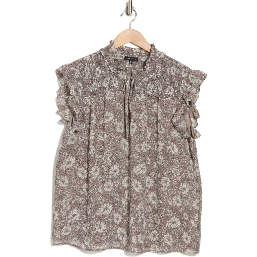Shop Pleione Ruffle Smocked Sleeveless Top In Stone Stencil Floral