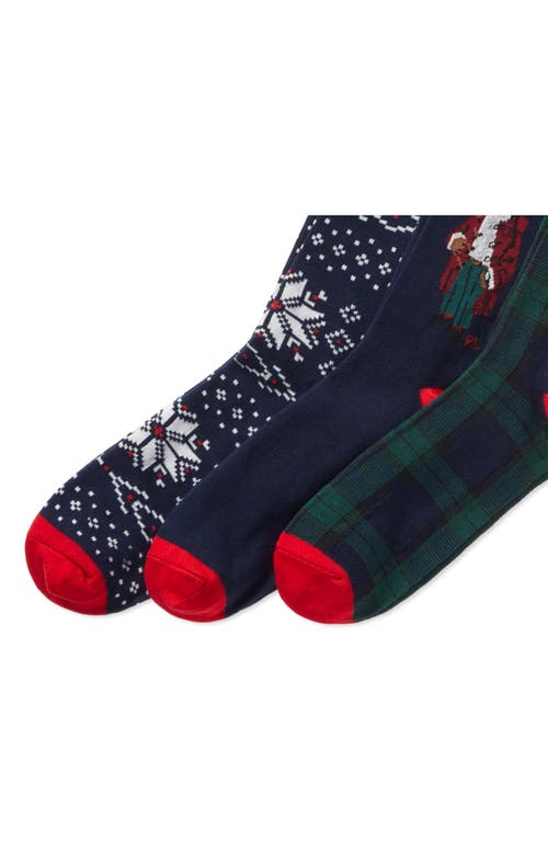 Shop Polo Ralph Lauren Artic Holiday Bear Assorted 3-pack Cotton Blend Crew Socks Gift Box In Navy Multi