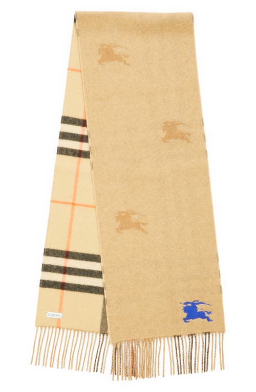 Burberry Equestrian Knight Design Check Reversible Fringe Cashmere Scarf In Sand