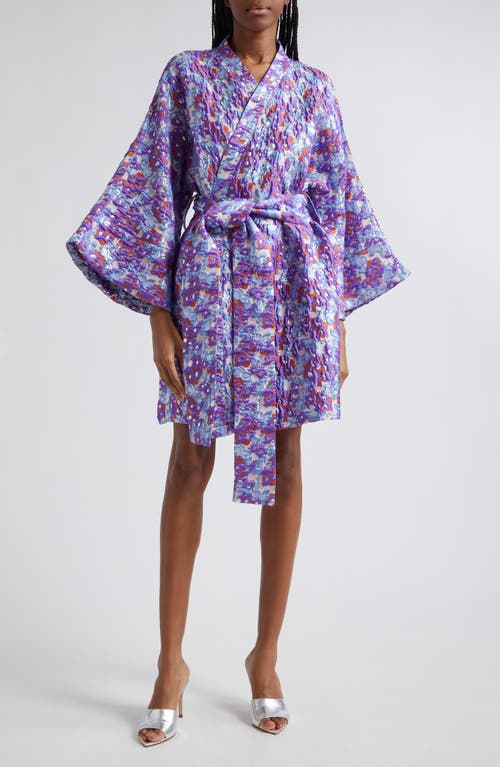 Floral Brocade Long Sleeve Wrap Style Dress in Purple/Blue Multi