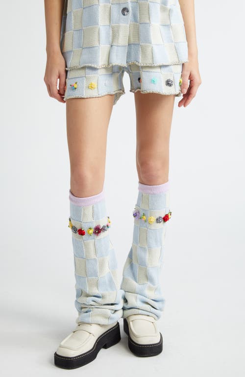 Checkerboard Embroidered Knit Leg Warmers in Sky
