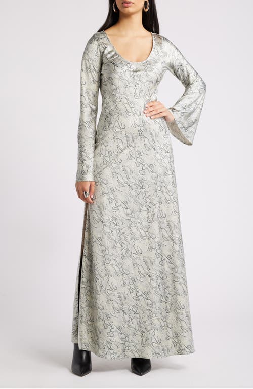 Shop Open Edit Long Sleeve Bias Cut Satin Maxi Dress In Green- Ivory Morph Snake