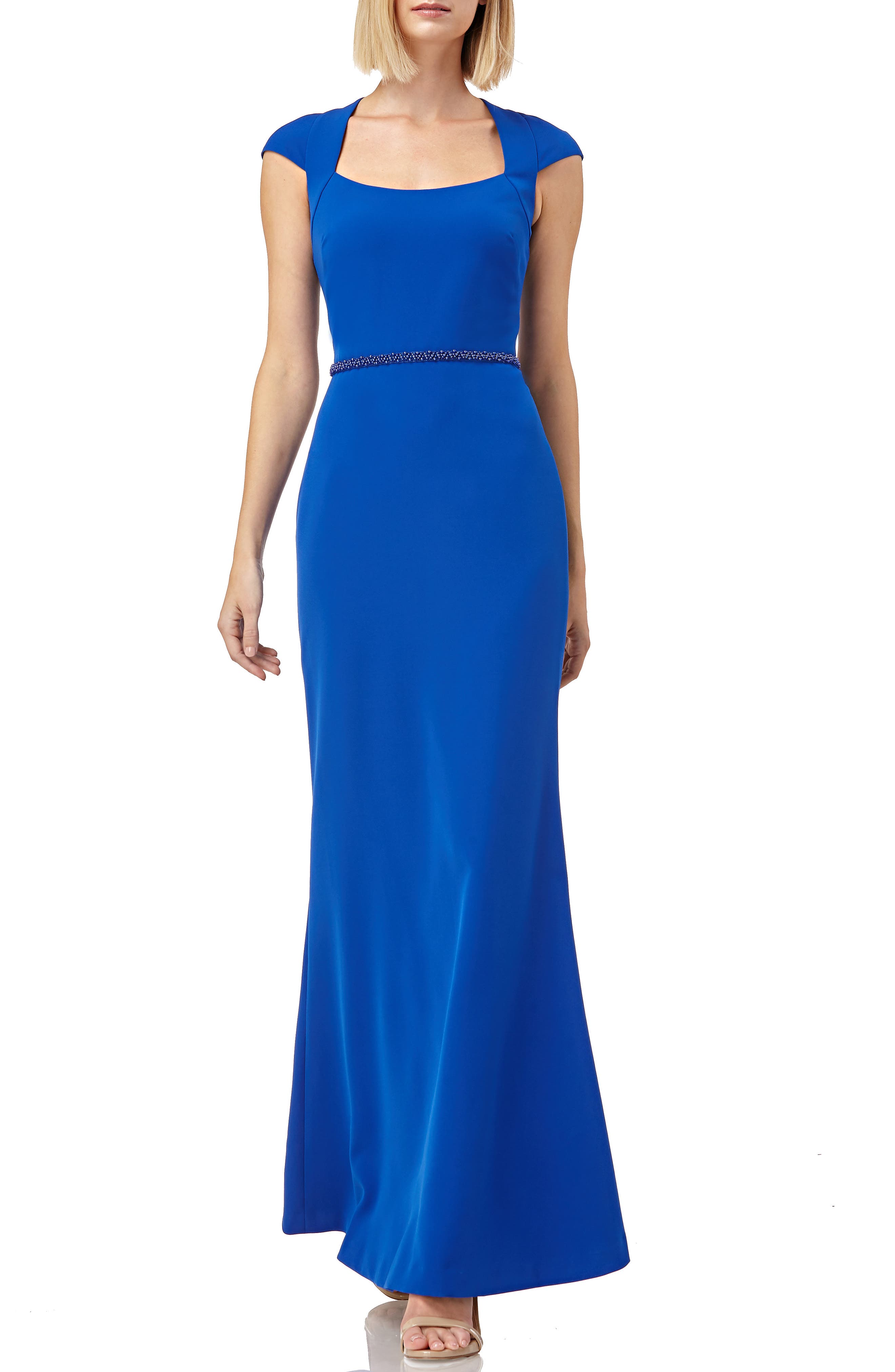 Kay Unger Cap Sleeve Stretch Crepe Gown, Blue
