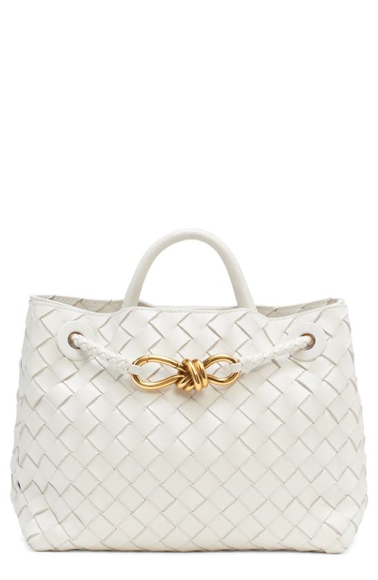 Shop Bottega Veneta Small Andiamo Intrecciato Shoulder Bag In White/ Brass/ White