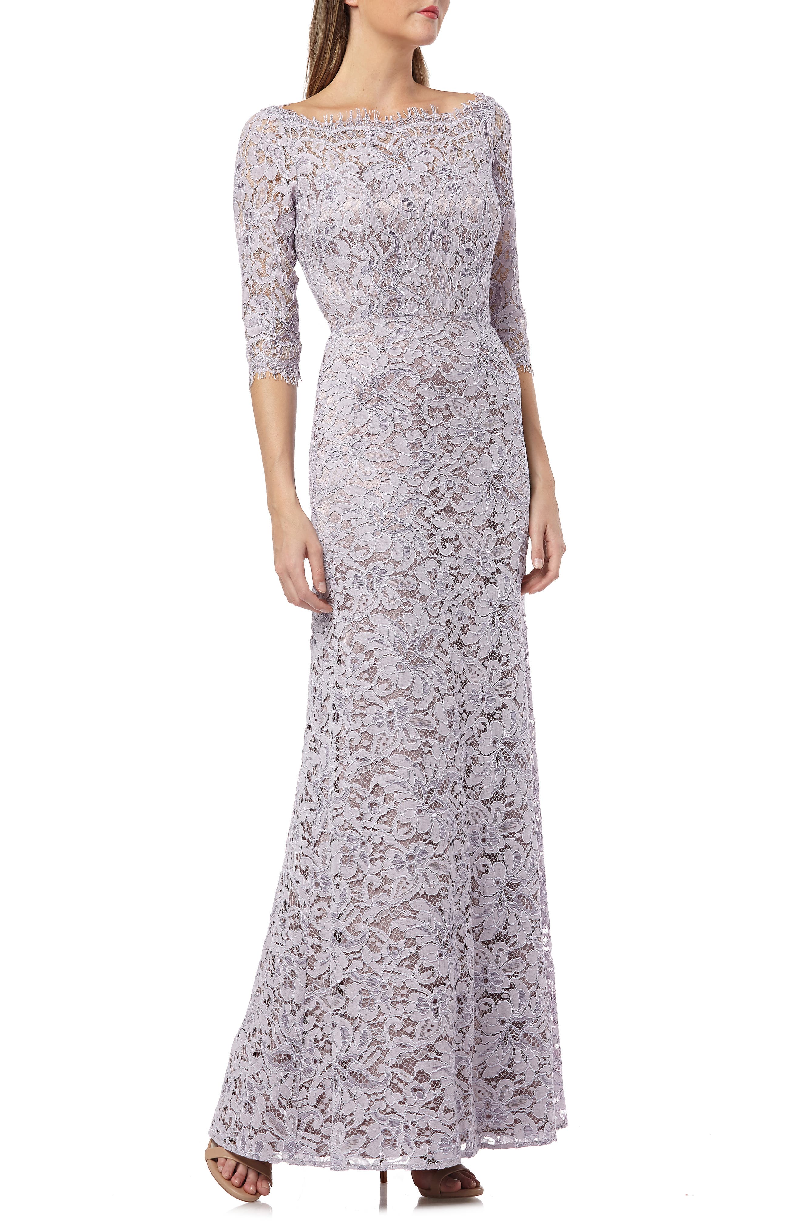 Js Collections Bateau Neck Lace Gown