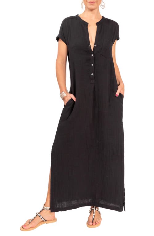 Everyday Ritual Stacey Split Neck Cotton Caftan in Black