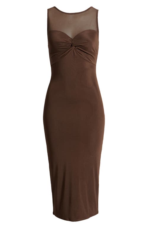 Shop Rare London Twist Front Mesh Yoke Cocktail Midi Dress In Brown