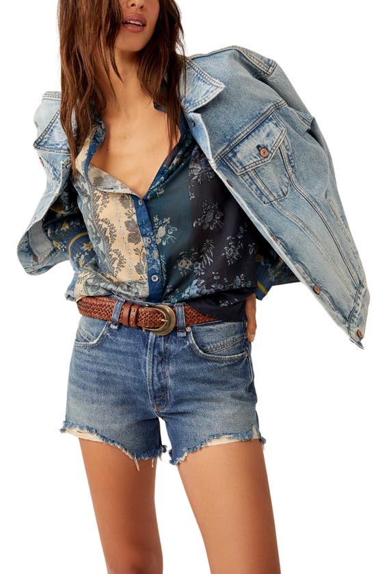 Shop Free People Flower Patch Mixed Print Cotton Button-up Shirt In Indigo Combo