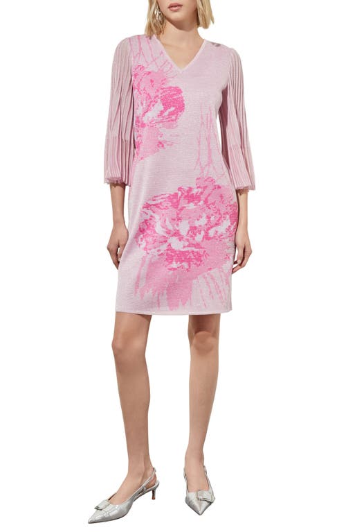 Ming Wang Floral Print Metallic Pleated Sleeve Shift Dress in Perfect Pink/carmine Rose at Nordstrom, Size Large