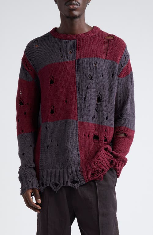 Shop Song For The Mute Checker Oversize Distressed Sweater In Burgundy/charcoal