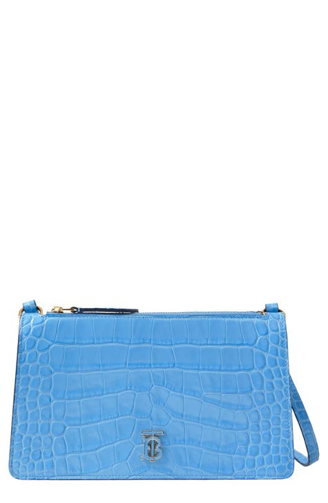 BURBERRY, turquoise woven leather bag with embossed croc print