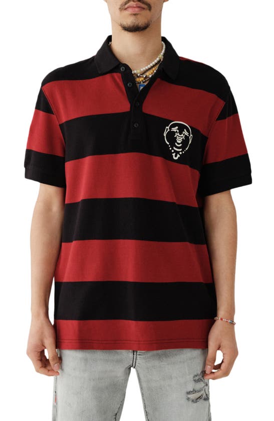 True Religion Brand Jeans Buddha Stripe Polo Shirt In Jet Black