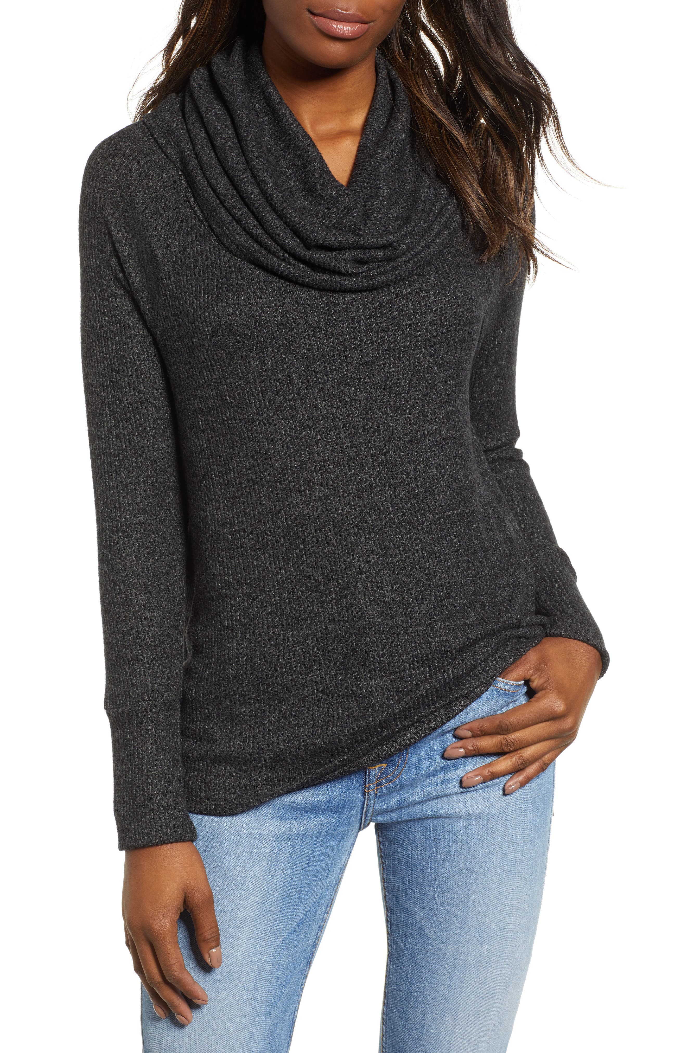 Petite Gibson X Living In Yellow Ribbed Cowl Neck Sweater, Grey