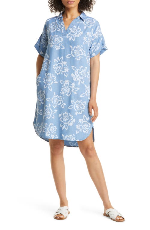 caslon(r) Women's Rolled Cuff Chambray Shirtdress in Blue Stamp Floral