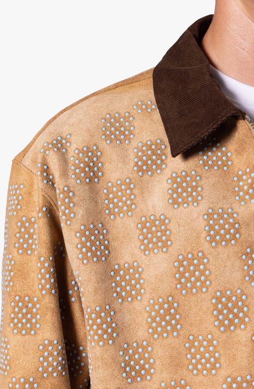 Mnml Studded Turquoise Checker Corduroy Collar Trucker Jacket In Tan