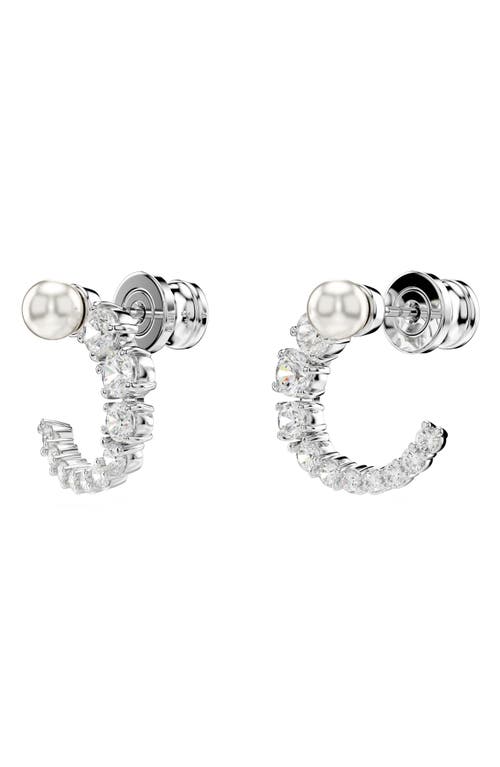 Swarovski Crystal Pearl, Round Cut, White, Matrix Hoop Earrings In Silver