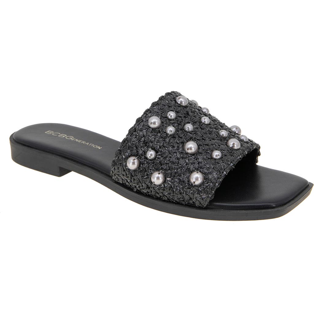 Bcbgeneration Lonnie Womens Faux Leather Woven Slide Sandals In Black Raffia