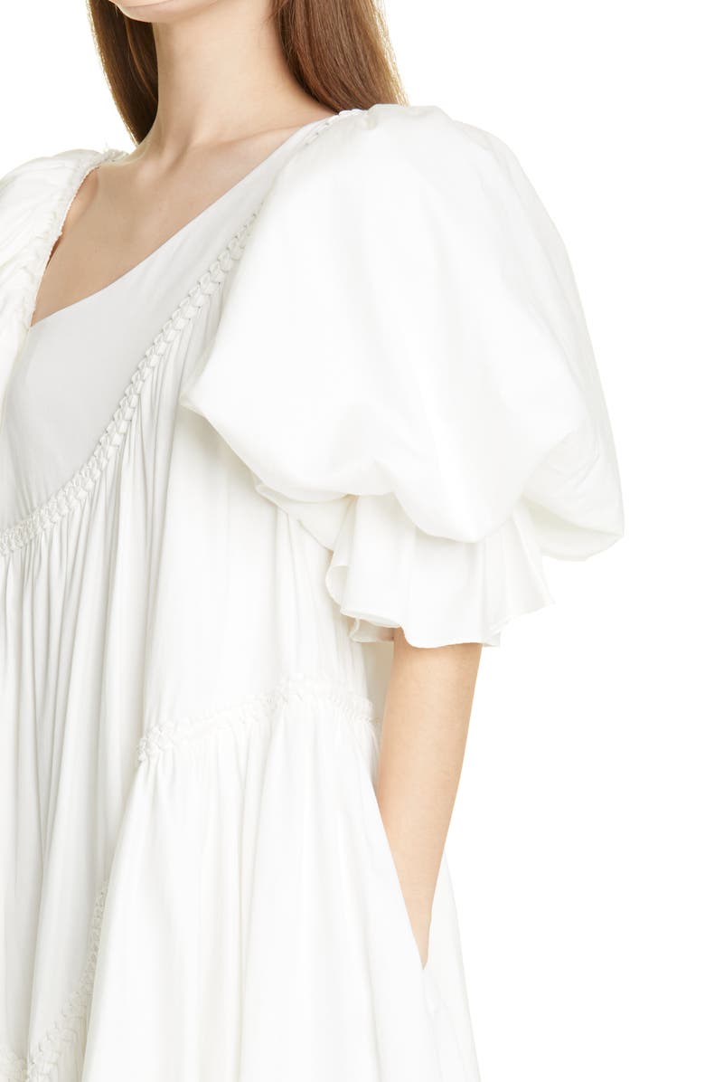 Casabianca Braided Asymmetric Puff Sleeve Midi Dress