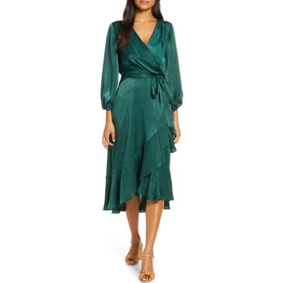 Gal Meets Glam Collection Jennifer Shimmer Satin Wrap Dress, Regular - Green