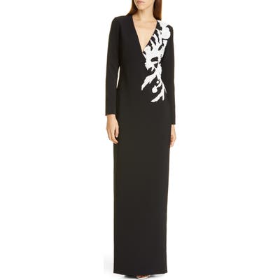 Pamella Roland Sequin Flower Long Sleeve Stretch Crepe Gown, Black