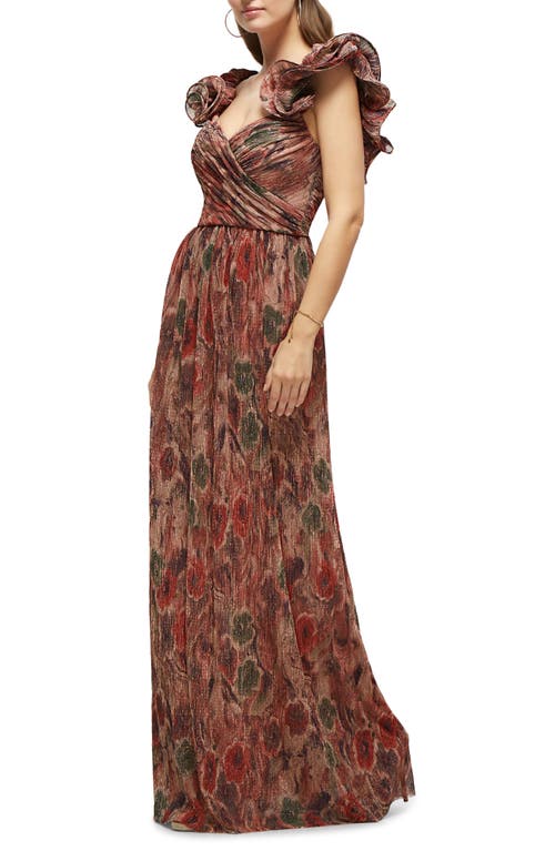 After Six Women's Dramatic Ruffle Edge Strap Fall Foral Pleated Metallic Maxi Dress In Harvest Floral Print