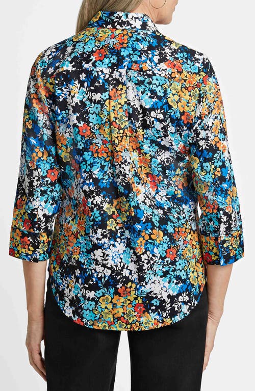 Foxcroft Margie Floral Three-quarter Sleeve Cotton Button-up Shirt In Blue Multi