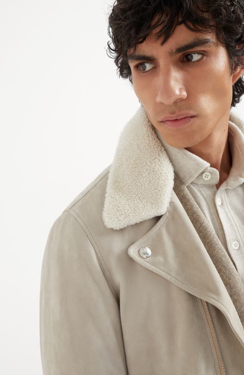 Shop Brunello Cucinelli Suede Biker Jacket With Thermore® Padding And Detachable Shearling Collar In Stone Grey