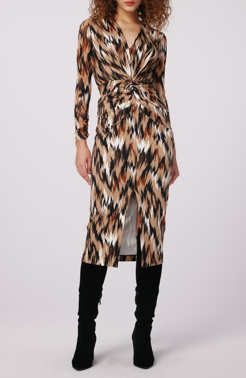 DVF Hades Two Abstract Print Long Sleeve Dress in Flames Camel 