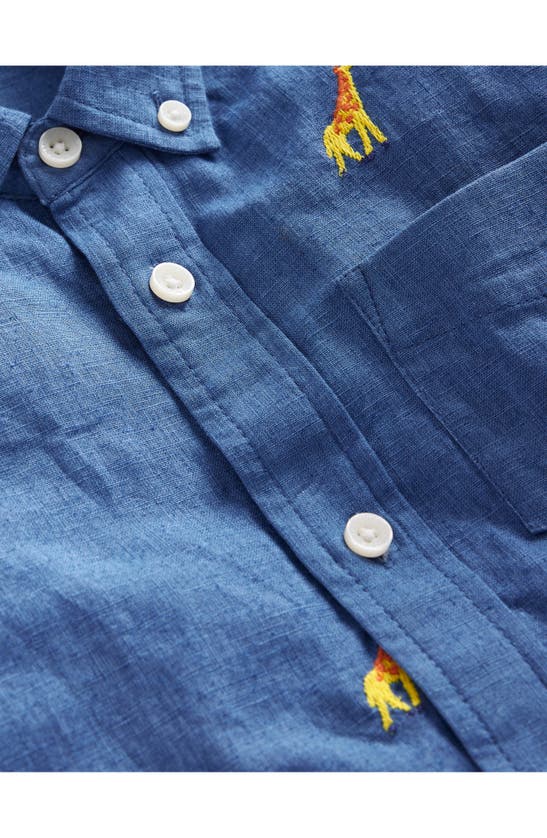 Shop Mini Boden Kids' Giraffe Embroidered Short Sleeve Linen & Cotton Button-down Shirt In Chambray Giraffe Embroidery
