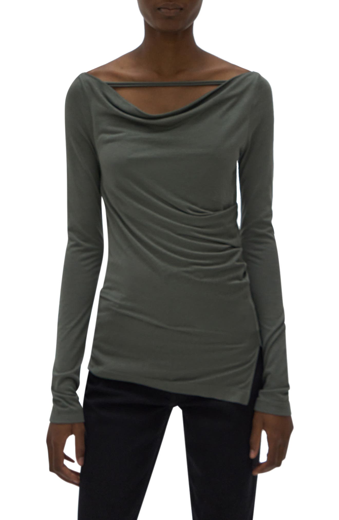 Helmut Lang Scala Ruched Off the Shoulder Tunic Top in Fog at Nordstrom, Size Small
