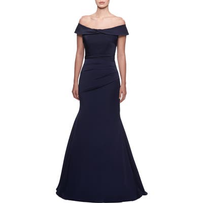 La Femme Off The Shoulder Pleated Satin Mermaid Gown, Blue