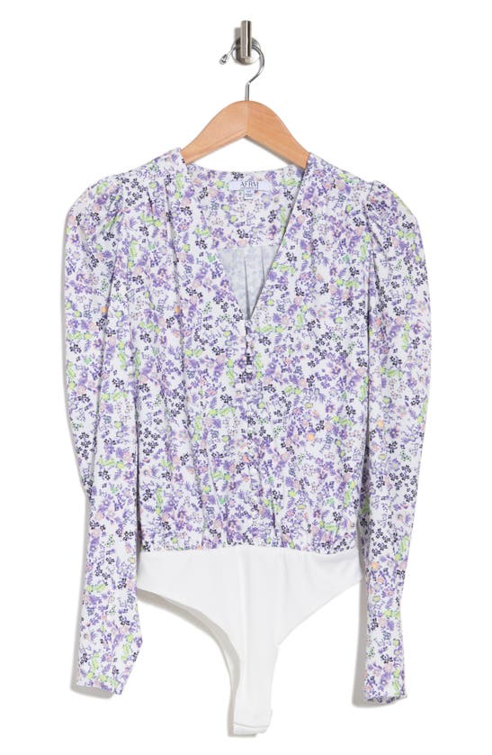 Afrm Fanny Printed Long Sleeve Bodysuit In Lilac Ditsy
