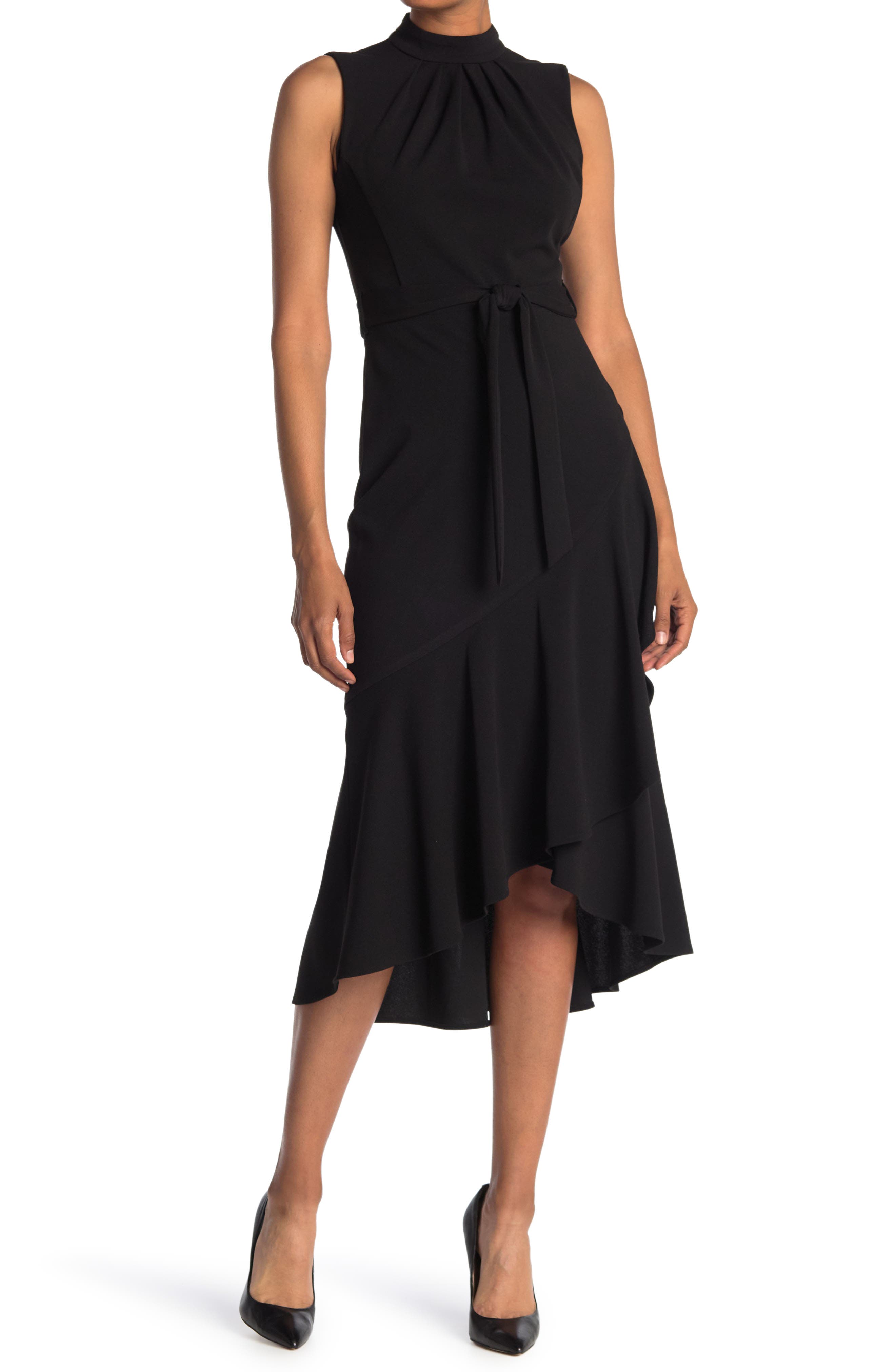 high neck ruffle midi dress