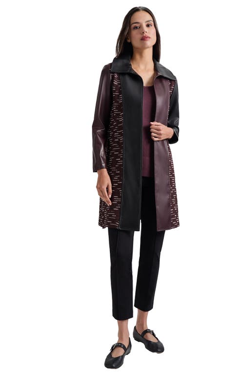 Misook Knit Panel Faux Leather Coat In Mahogany/black/new Ivory