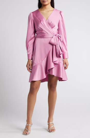 Tahari ASL Wrap Front Long Sleeve Satin Charmeuse Dress | Nordstrom