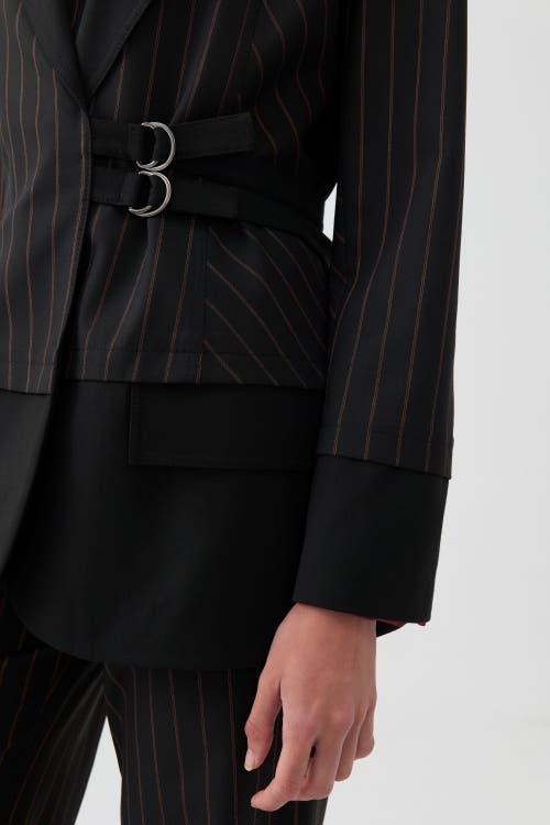 Shop Nocturne Striped Double Breasted Jacket With Belt Detail In Black