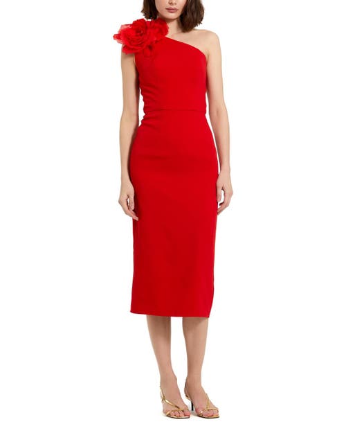 Mac Duggal Crepe One Shoulder Midi Dress With Flower In Cherry