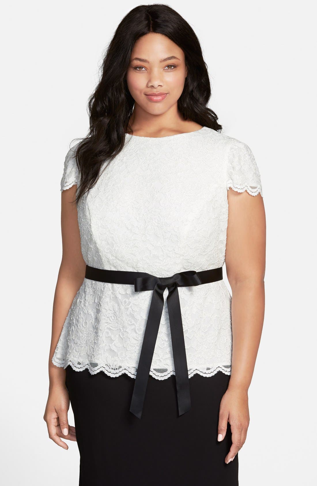 Alex Evenings Cap Sleeve Lace Blouse with Ribbon Belt (Plus Size