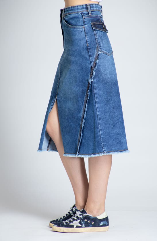 Shop Apny Fray Hem A-line Denim Skirt In Medium Indigo