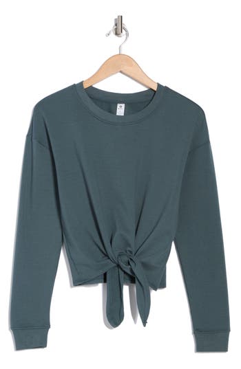 90 Degree By Reflex Brushed Terry Tie Hem Pullover In Sage